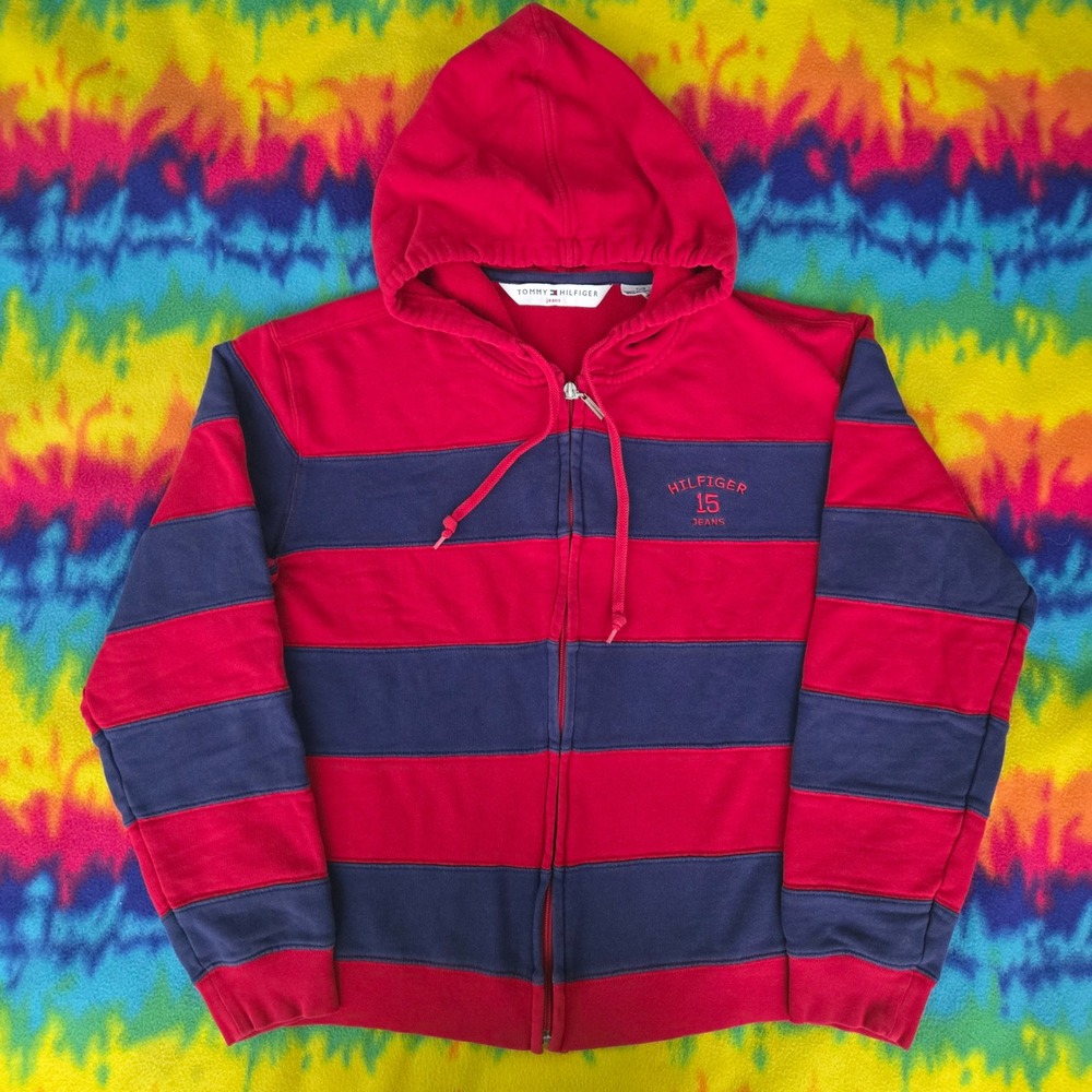 Tommy Hilfiger Hoodie Mens L Red Blue Striped Full Zip Sweatshirt Y2K Streetwear